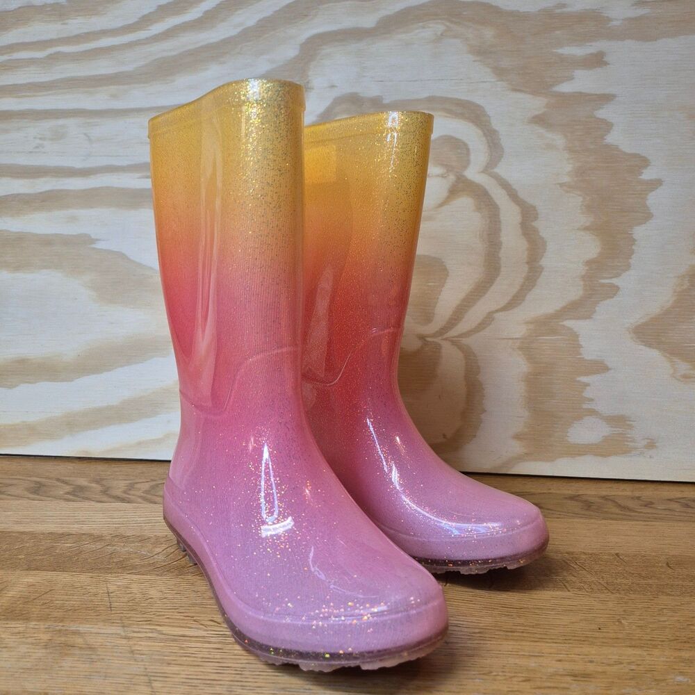 Cat & Jack Girls Size 3 Glitter Ombre Pink Yellow Rain Boots Waterproof